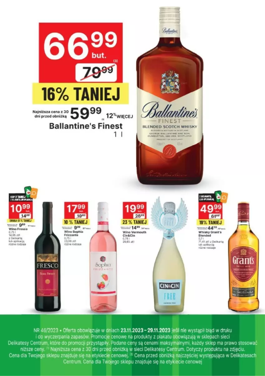 Gazetka promocyjna Delikatesy Centrum - ważna 23.11 do 29.11.2023 - strona 2 - produkty: Ballantine's, Gra, Grant's, Vermouth, Whisky, Wino