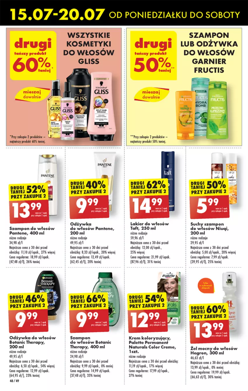 Gazetka promocyjna Biedronka - Od poniedzialku - ważna 15.07 do 20.07.2024 - strona 52 - produkty: Color Creme, Fructis, Garnier, Hegron, Lakier, Lakier do włosów, Niuqi, Odżywka, Odzywka do włosów, Palette, Pantene, Suchy szampon, Szampon, Taft