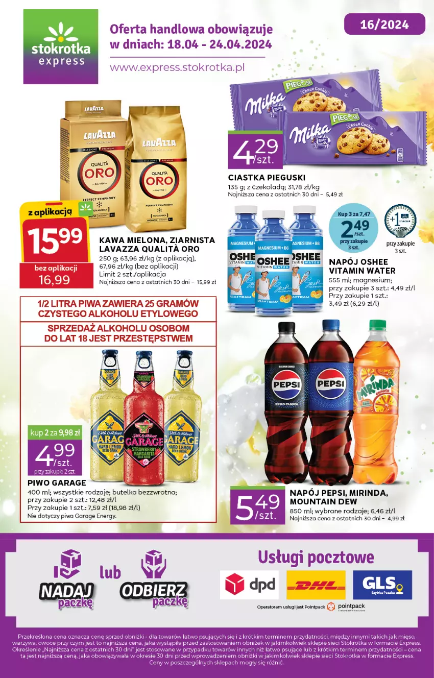 Gazetka promocyjna Stokrotka - Stokrotka Express - ważna 18.04 do 24.04.2024 - strona 1 - produkty: Ciastka, Kawa, Kawa mielona, Lavazza, Mirinda, Napój, Oshee, Pepsi, Piwa, Piwo, Ser