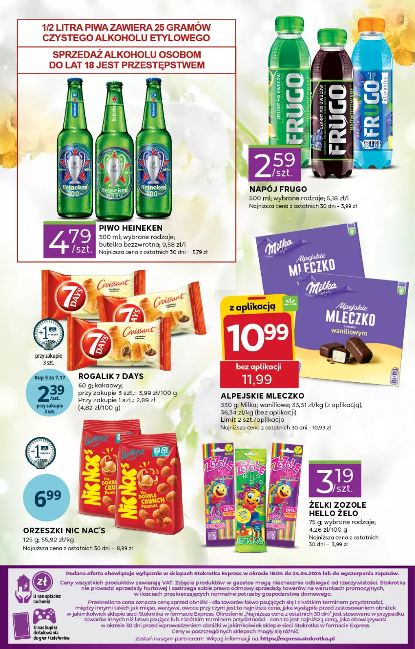 Gazetka promocyjna Stokrotka - Stokrotka Express - ważna 18.04 do 24.04.2024 - strona 3 - produkty: 7 Days, Fa, Heineken, Kakao, Mięso, Milka, Napój, Orzeszki, Owoce, Piwo, Rogal, Telefon, Warzywa