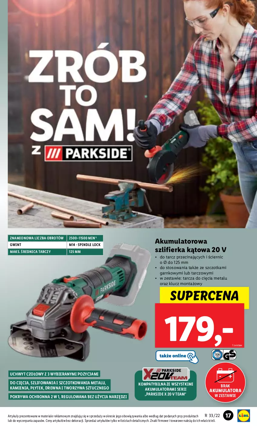 Gazetka promocyjna Lidl - GAZETKA - ważna 16.08 do 20.08.2022 - strona 19 - produkty: Akumulator, Parkside, Pokrywa, Ser, Szczotka, Szlifierka, Szlifierka kątowa