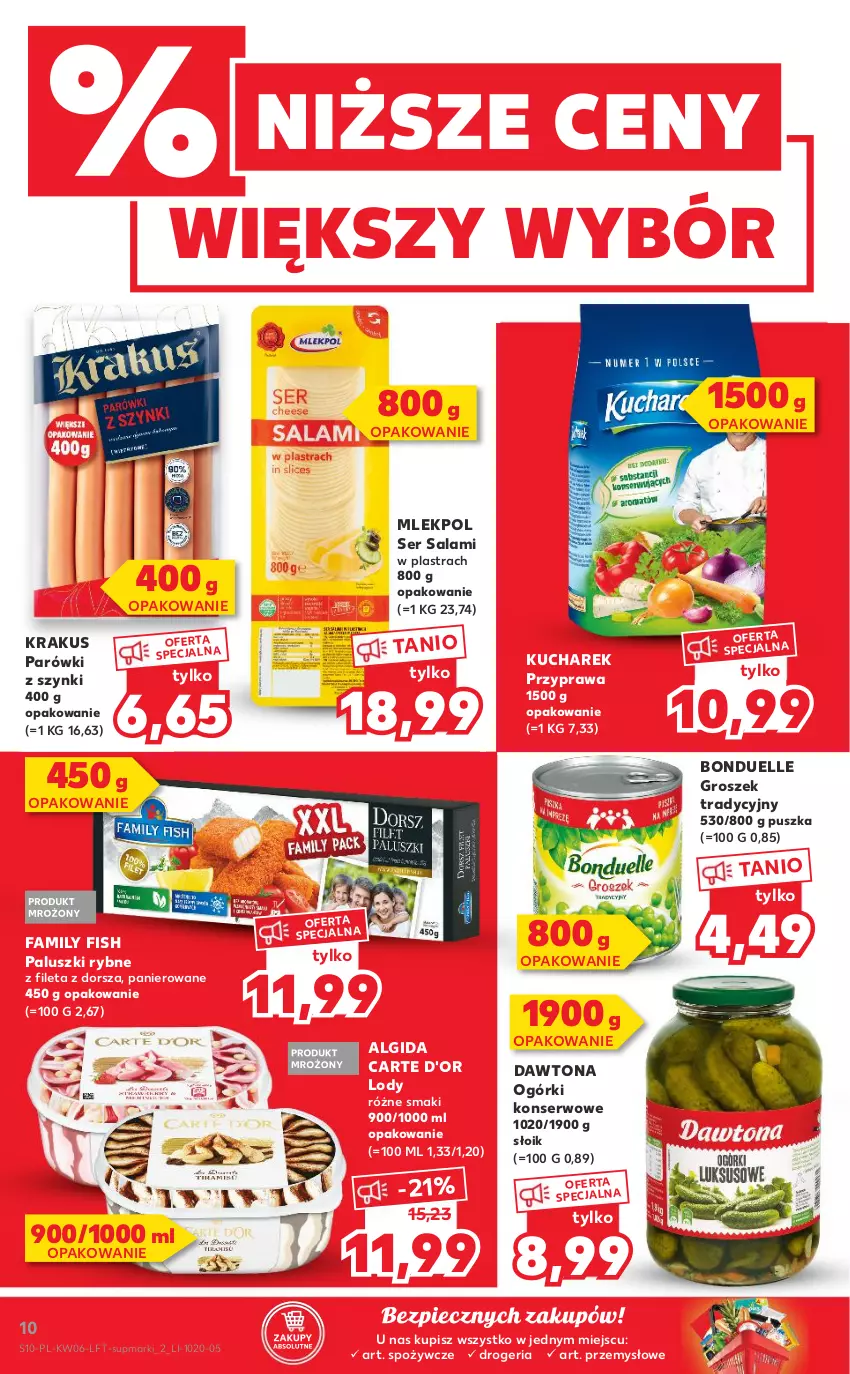 Gazetka promocyjna Kaufland - OFERTA TYGODNIA - ważna 10.02 do 16.02.2022 - strona 10 - produkty: Algida, Bonduelle, Carte d'Or, Dawtona, Dorsz, Fa, Groszek, Krakus, Kucharek, LG, Lody, Ogórki konserwowe, Paluszki rybne, Parówki, Parówki z szynki, Piec, Salami, Ser, Ser salami