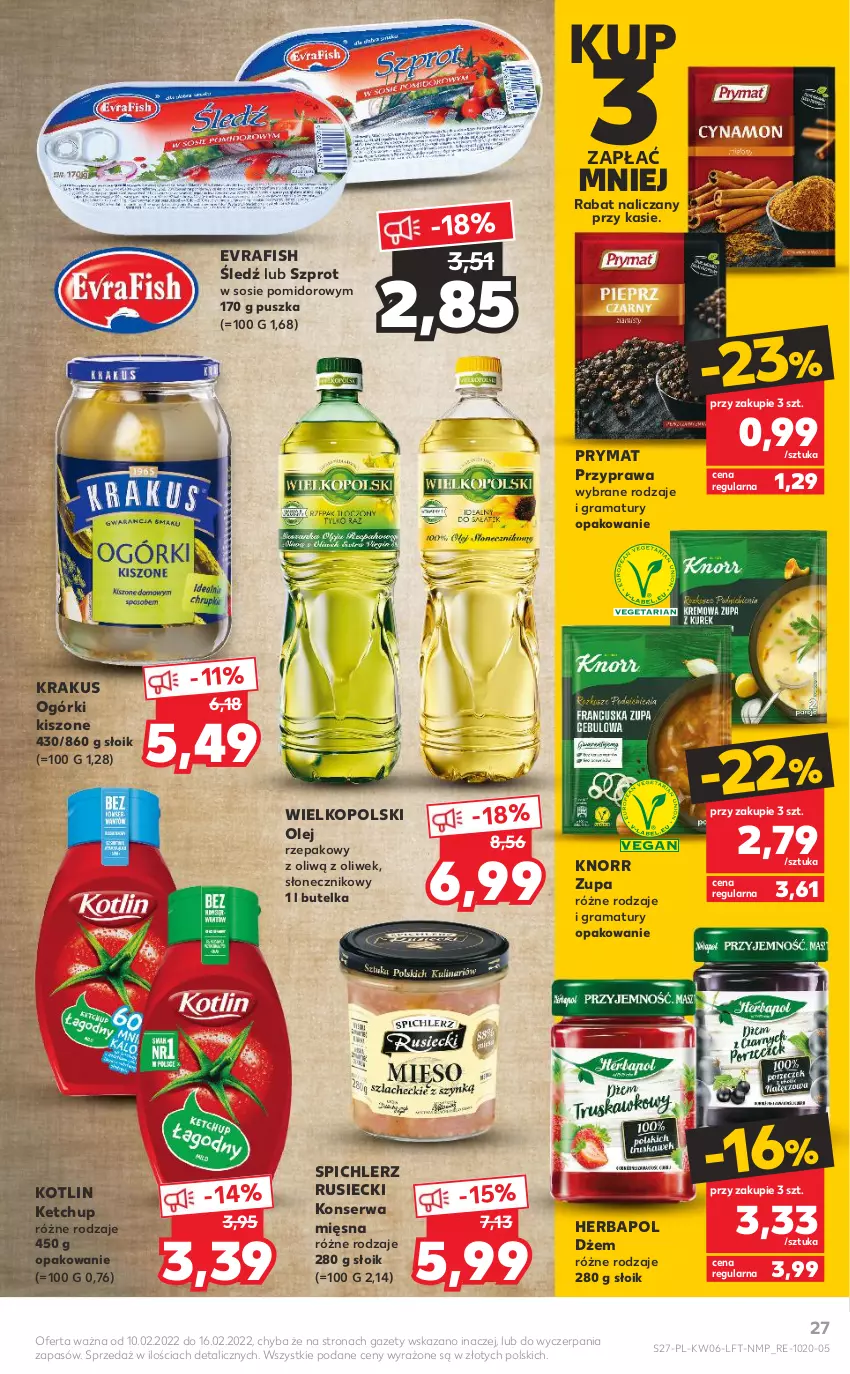 Gazetka promocyjna Kaufland - OFERTA TYGODNIA - ważna 10.02 do 16.02.2022 - strona 27 - produkty: Dżem, Gra, Herbapol, Ketchup, Knorr, Kotlin, Krakus, Olej, Olej rzepakowy, Prymat, Rama, Ser, Sos, Spichlerz Rusiecki, Szprot, Szprot w sosie, Zupa