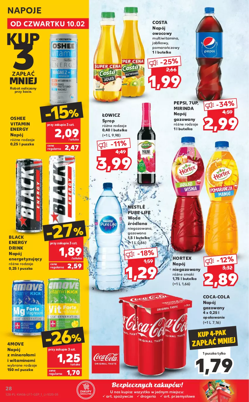 Gazetka promocyjna Kaufland - OFERTA TYGODNIA - ważna 10.02 do 16.02.2022 - strona 28 - produkty: 7up, Coca-Cola, Hortex, Lack, LANA, Mirinda, Napój, Napój gazowany, Napój niegazowany, Napoje, Nestlé, Oshee, Pepsi, Piec, Pur, Syrop, Woda