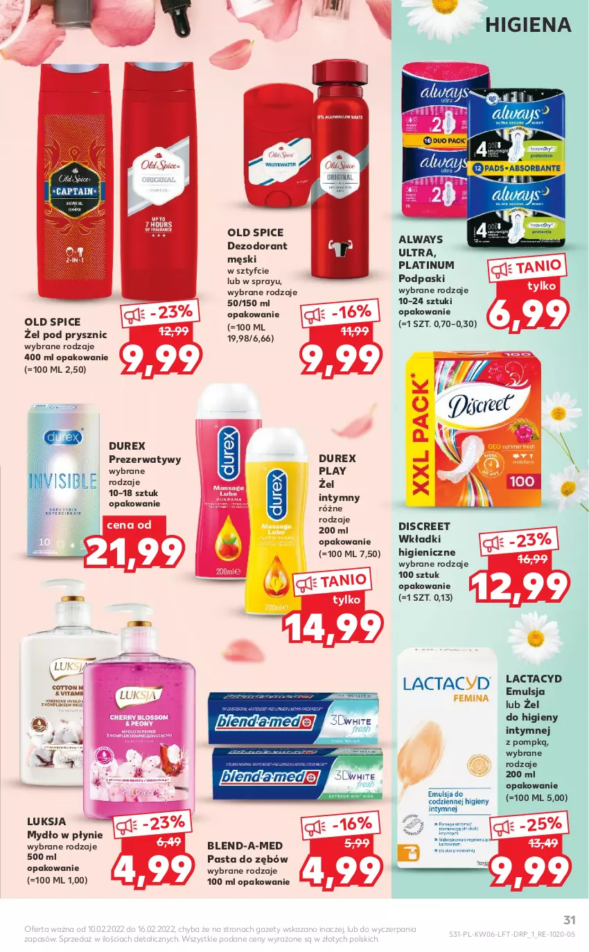 Gazetka promocyjna Kaufland - OFERTA TYGODNIA - ważna 10.02 do 16.02.2022 - strona 31 - produkty: Always, Always Ultra, Blend-a-Med, Dezodorant, Discreet, Durex, Emulsja, Lactacyd, Luksja, Mydło, Mydło w płynie, Old Spice, Pasta do zębów, Podpaski, Prezerwatyw, Wkładki