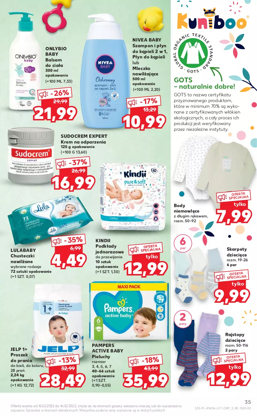 Gazetka promocyjna Kaufland - OFERTA TYGODNIA - ważna 10.02 do 16.02.2022 - strona 35 - produkty: Balsam do ciała, Body, Chusteczki, Dzieci, Karp, Kindii, Mleczko, Nivea, Nivea Baby, Pampers, Pieluchy, Płyn do kąpieli, Podkład, Proszek do prania, Rajstopy, Szampon, Top