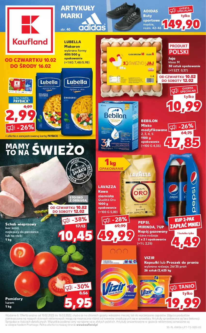 Gazetka promocyjna Kaufland - OFERTA TYGODNIA - ważna 10.02 do 16.02.2022 - strona 5 - produkty: 7up, Adidas, BEBILON, Bell, Bella, Buty, Jaja, Kawa, Kawa ziarnista, Lavazza, Lubella, Makaron, Mirinda, Mleko, Mleko modyfikowane, Napój, Napój gazowany, Pepsi, Piec, Pomidory, Por, Proszek do prania, Schab wieprzowy, Sport, Stek, Vizir