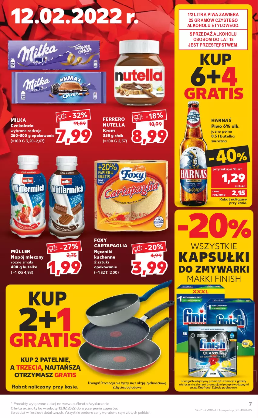 Gazetka promocyjna Kaufland - OFERTA TYGODNIA - ważna 10.02 do 16.02.2022 - strona 7 - produkty: Czekolada, Ferrero, Finish, Foxy, Gra, Harnaś, Milka, Müller, Napój, Napój mleczny, Nutella, Piwa, Piwo, Ręcznik, Waga, Zmywarki