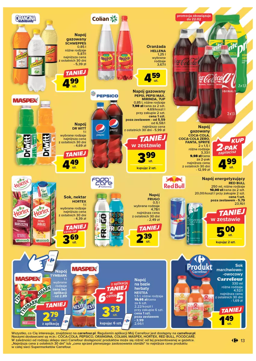 Gazetka promocyjna Carrefour - Gazetka Market - ważna 21.02 do 04.03.2023 - strona 15 - produkty: 7up, Coca-Cola, Fa, Fanta, Gin, Hellena, Hortex, Kosz, LG, Mirinda, Napój, Napój gazowany, Nektar, Nestea, Oranżada, Pepsi, Pepsi max, Rama, Red Bull, Schweppes, Sok, Sprite