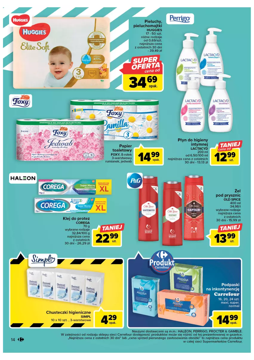 Gazetka promocyjna Carrefour - Gazetka Market - ważna 21.02 do 04.03.2023 - strona 16 - produkty: Corega, Foxy, Huggies, Klej, Lactacyd, Leon, Majtki, Old Spice, Papier, Pieluchomajtki, Pieluchy, Podpaski, Rum