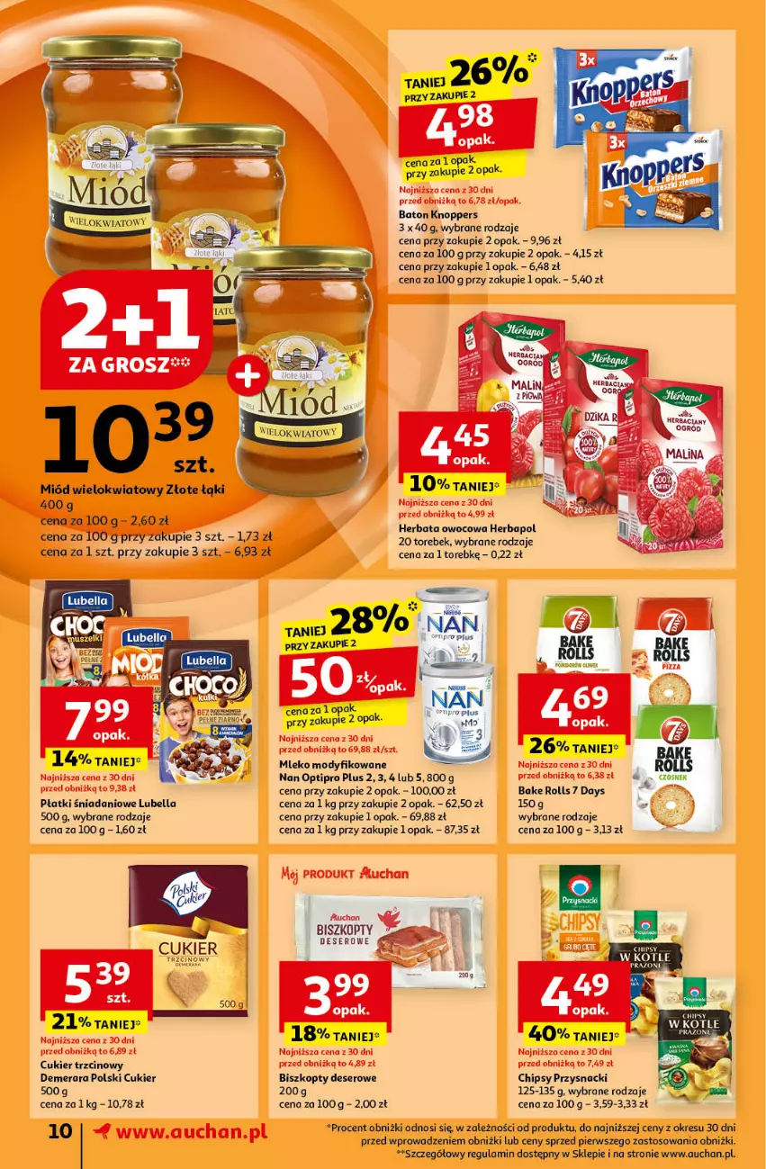 Gazetka promocyjna Auchan - Gazetka Pewność Niskich Cen Supermarket Auchan - ważna 17.10 do 23.10.2024 - strona 12 - produkty: 7 Days, Bake Rolls, Baton, Bell, Bella, Biszkopty, Chipsy, Cukier, Cukier trzcinowy, Czosnek, Danio, Deser, Herbapol, Herbata, Herbata owocowa, Knoppers, Lubella, Miód, Mleko, Mleko modyfikowane, NAN Optipro, Przysnacki, Ser