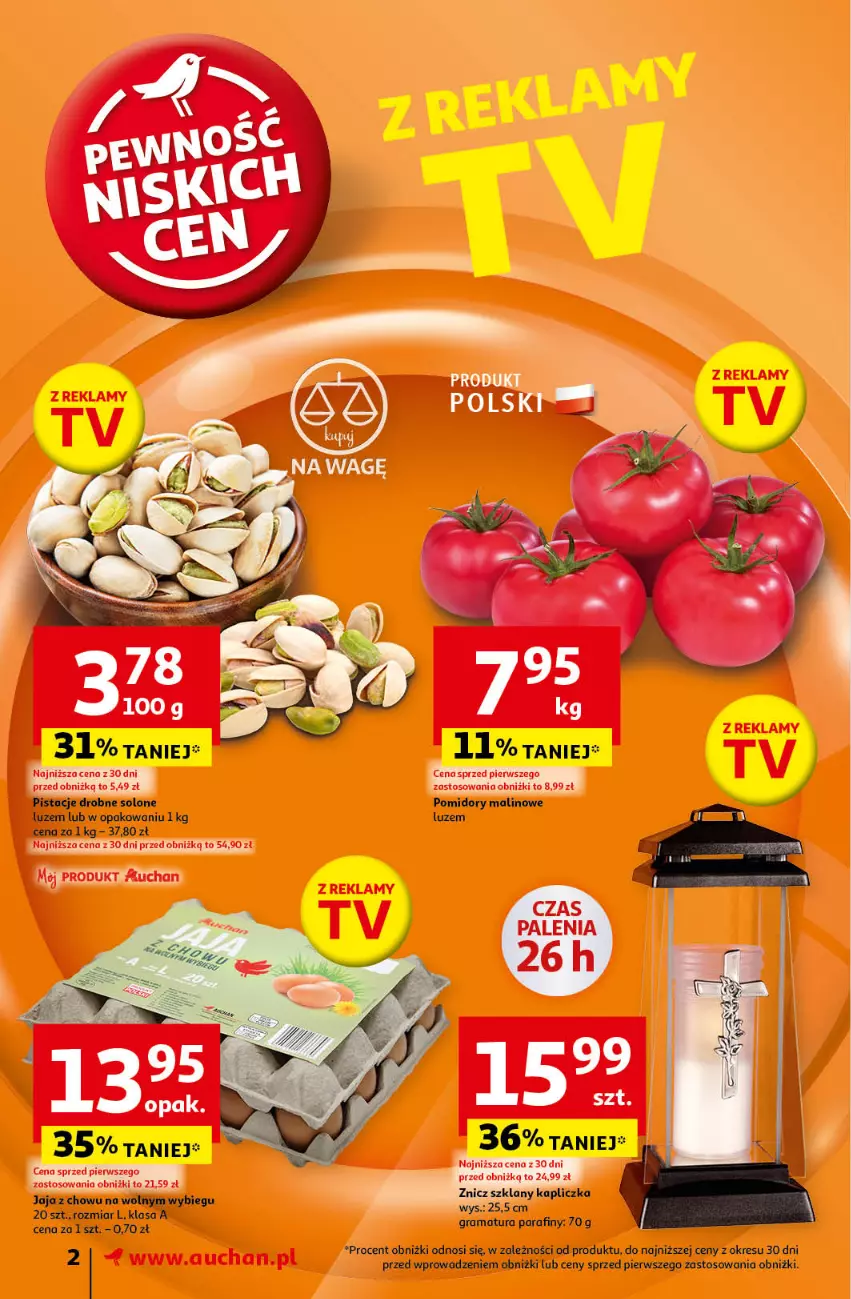 Gazetka promocyjna Auchan - Gazetka Pewność Niskich Cen Supermarket Auchan - ważna 17.10 do 23.10.2024 - strona 2 - produkty: Jaja, Pistacje, Pomidory