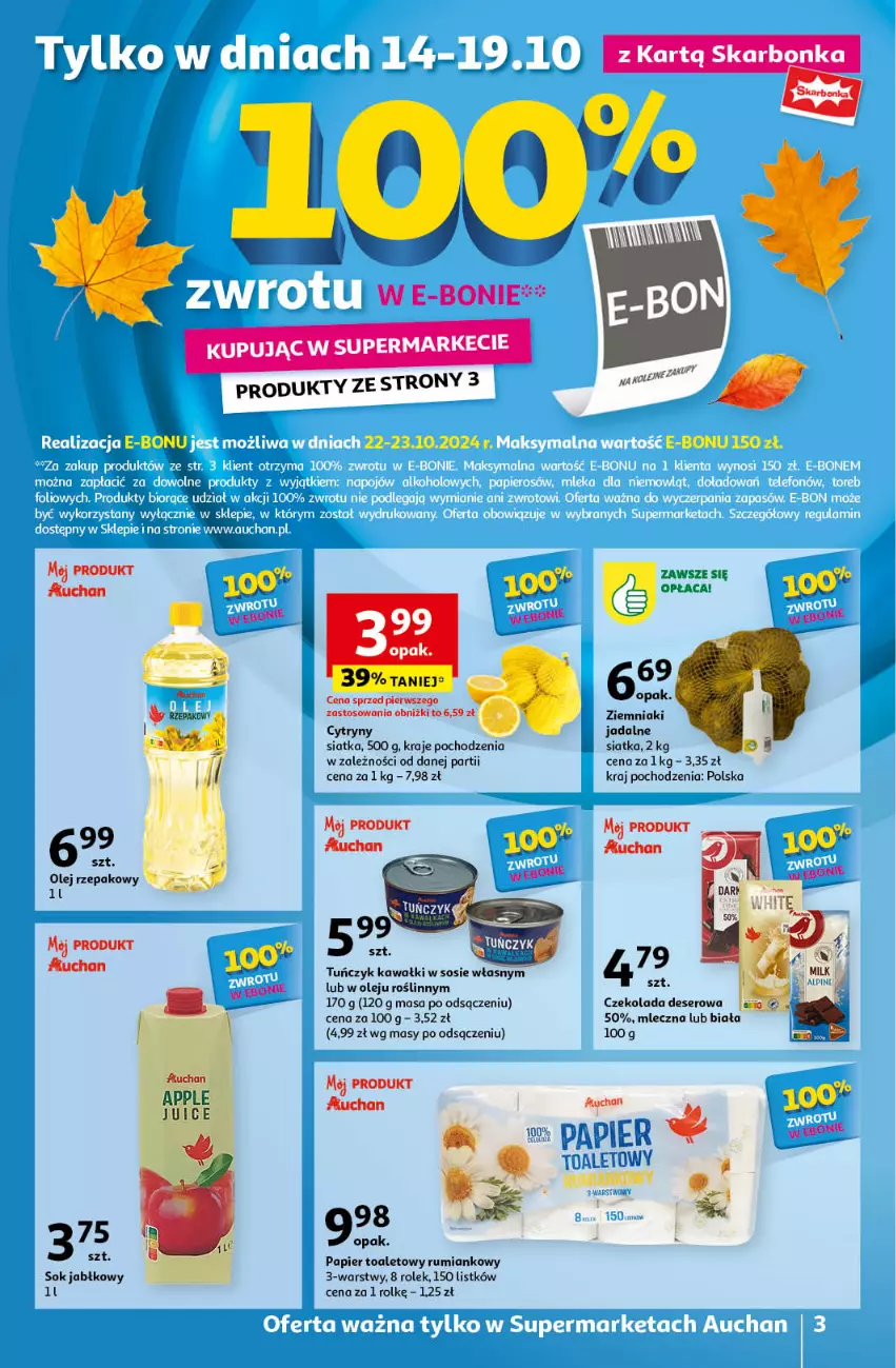 Gazetka promocyjna Auchan - Gazetka Pewność Niskich Cen Supermarket Auchan - ważna 17.10 do 23.10.2024 - strona 3 - produkty: Cytryny, Czekolada, Deser, Kawa, Olej, Olej rzepakowy, Papier, Papier toaletowy, Rum, Ser, Siatka, Sok, Sok jabłkowy, Sos, Tuńczyk, Ziemniaki