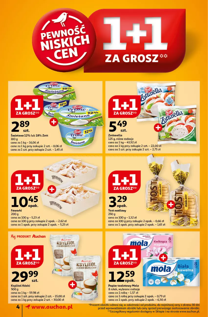 Gazetka promocyjna Auchan - Gazetka Pewność Niskich Cen Supermarket Auchan - ważna 17.10 do 23.10.2024 - strona 4 - produkty: Cukier, Ksylitol, Mola, Papier, Papier toaletowy, Zott, Zottarella