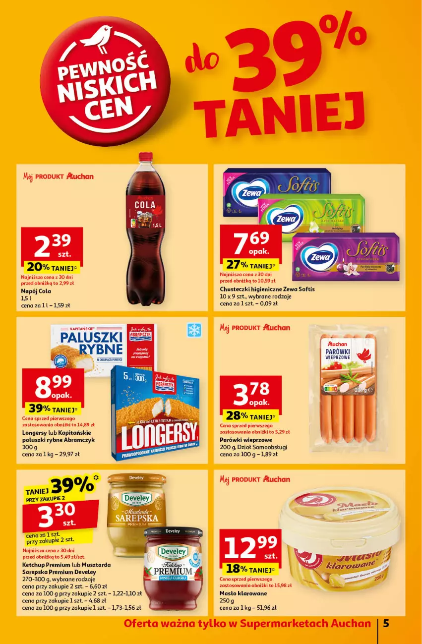 Gazetka promocyjna Auchan - Gazetka Pewność Niskich Cen Supermarket Auchan - ważna 17.10 do 23.10.2024 - strona 5 - produkty: Chusteczki, Ketchup, Masło, Masło klarowane, Mus, Musztarda, Napój, Paluszki rybne, Parówki