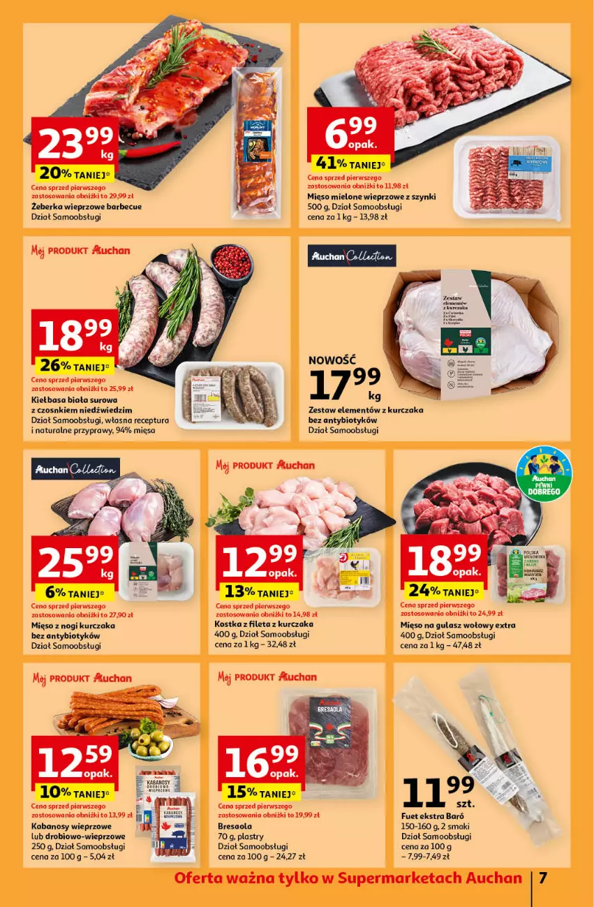 Gazetka promocyjna Auchan - Gazetka Pewność Niskich Cen Supermarket Auchan - ważna 17.10 do 23.10.2024 - strona 9 - produkty: Bresaola, Gulasz wołowy, Kabanos, Kiełbasa, Kiełbasa biała, Kurczak, Mięso, Mięso mielone, Mięso na gulasz, Przyprawy