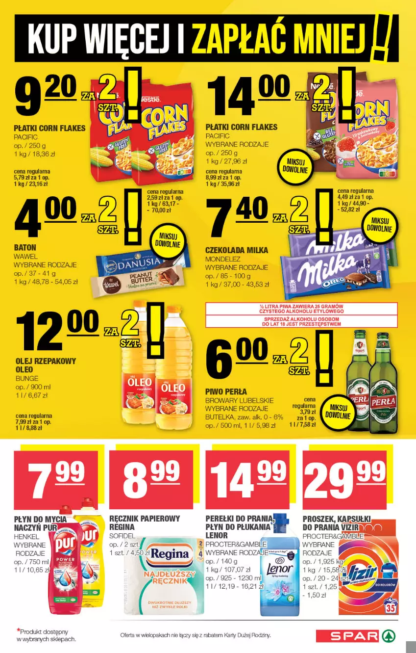 Gazetka promocyjna Spar - Spar - ważna 01.10 do 11.10.2023 - strona 5 - produkty: Baton, Cif, Corn flakes, Czekolada, Gin, Lenor, Milka, Olej, Olej rzepakowy, Oleo, Papier, Perła, Piwo, Płyn do mycia, Płyn do płukania, Pur, Ręcznik, Vizir, Wawel