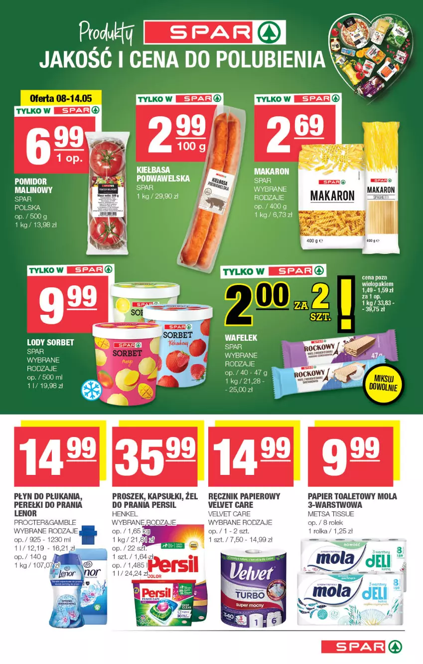 Gazetka promocyjna Spar - Spar - ważna 05.05 do 15.05.2024 - strona 5 - produkty: Lenor, Lody, Makaron, Mola, Papier, Papier toaletowy, Persil, Płyn do płukania, Pomidor malinowy, Ręcznik, Szal, Velvet, Wafelek, Wawel