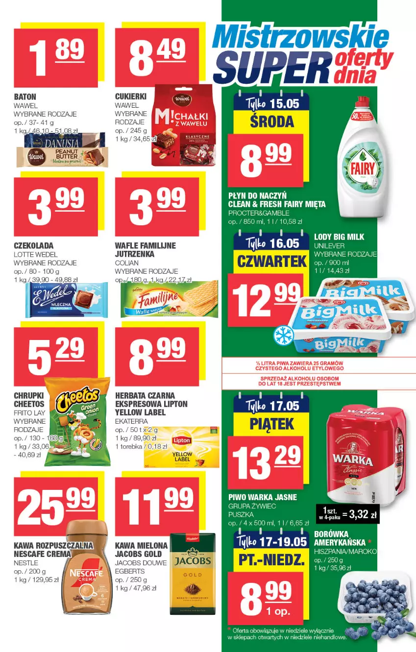 Gazetka promocyjna Spar - Spar - ważna 05.05 do 15.05.2024 - strona 7 - produkty: Baton, Cheetos, Chrupki, Cukier, Cukierki, Czekolada, Fa, Herbata, Herbata czarna, Jacobs, Jutrzenka, Kawa, Kawa mielona, Kawa rozpuszczalna, Lipton, Piwo, Torebka, Wafle, Warka, Wawel