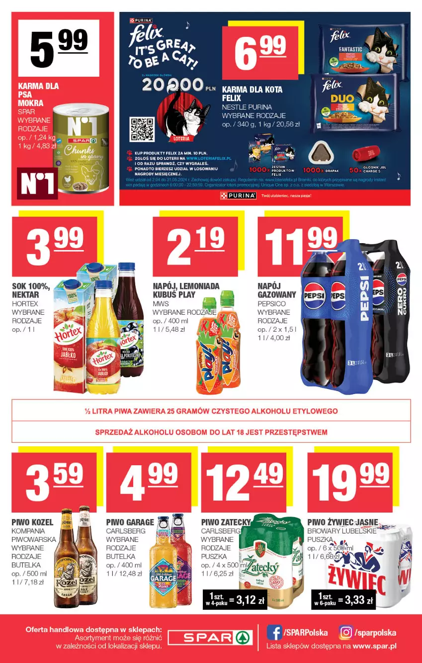 Gazetka promocyjna Spar - Spar - ważna 05.05 do 15.05.2024 - strona 8 - produkty: Carlsberg, Felix, Głośnik, Gra, Hortex, JBL, Kozel, Kubuś, Lemoniada, Napój, Nektar, Pepsi, Piwo, Pur, Purina, Sok