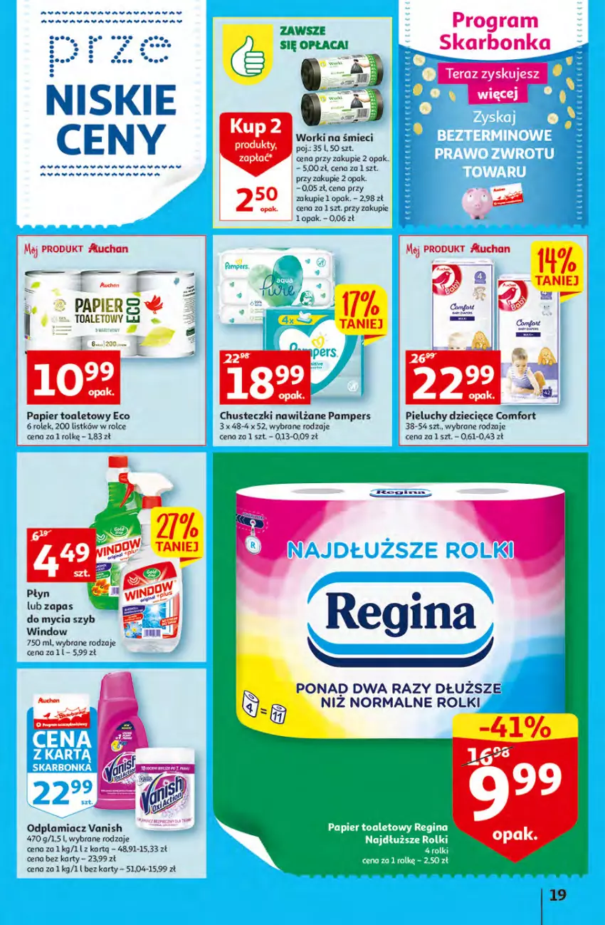 Gazetka promocyjna Auchan - Gazetka przeNISKIE CENY – przeKorzyści z markami Auchan Hipermarkety - ważna 29.09 do 05.10.2022 - strona 19 - produkty: Chusteczki, Dzieci, Fa, Gra, Odplamiacz, Pampers, Papier, Papier toaletowy, Pieluchy, Rolki, Rum, Vanish, Worki na śmiec, Worki na śmieci