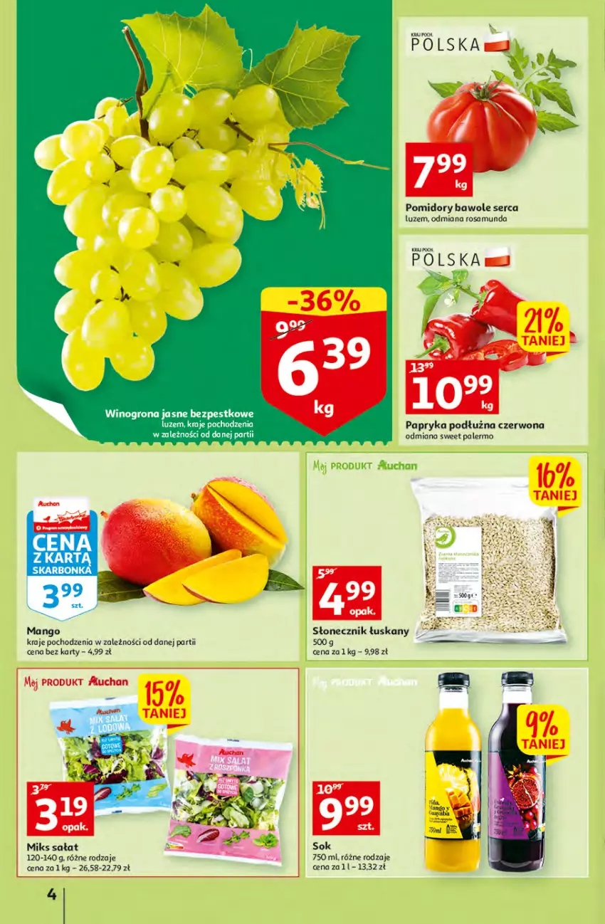 Gazetka promocyjna Auchan - Gazetka przeNISKIE CENY – przeKorzyści z markami Auchan Hipermarkety - ważna 29.09 do 05.10.2022 - strona 4 - produkty: Papryka, Papryka podłużna, Pomidory, Sałat, Ser, Sok