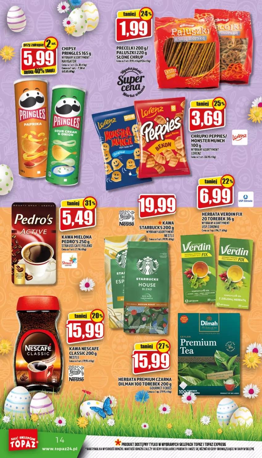 Gazetka promocyjna Topaz - Gazetka - ważna 14.04 do 20.04.2022 - strona 14 - produkty: Chipsy, Chrupki, Dilmah, Herbata, Kawa, Kawa mielona, Monster Munch, Precelki, Pringles, Sok, Top, Zdrowie