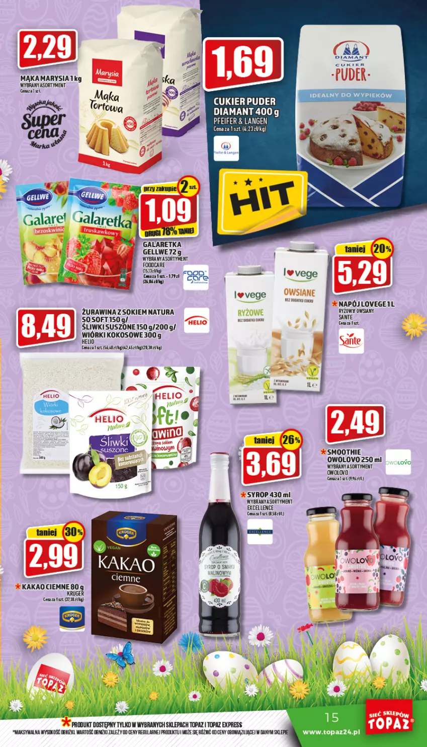 Gazetka promocyjna Topaz - Gazetka - ważna 14.04 do 20.04.2022 - strona 15 - produkty: Diamant, Gala, Galaretka, Kakao, Kokos, Mąka, Napój, Ryż, Smoothie, Sok, Syrop, Top, Wiórki kokosowe