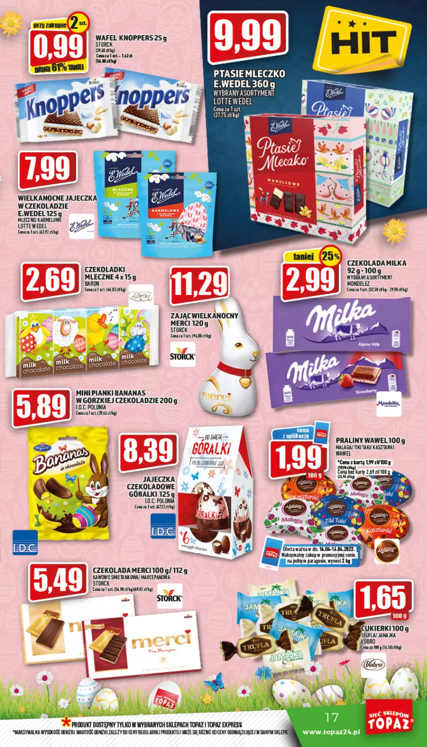 Gazetka promocyjna Topaz - Gazetka - ważna 14.04 do 20.04.2022 - strona 17 - produkty: AEG, Ananas, Czekolada, Góralki, Gra, Knoppers, Merci, Milka, Mleczko, Praliny, Ptasie mleczko, Sok, Top, Wawel