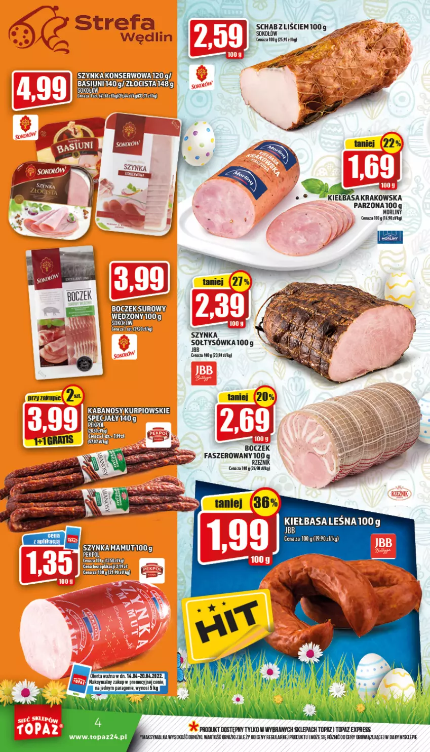 Gazetka promocyjna Topaz - Gazetka - ważna 14.04 do 20.04.2022 - strona 4 - produkty: Boczek, Fa, Gra, Kabanos, Kiełbasa, Kiełbasa krakowska, Morliny, Ser, Sok, Szynka, Szynka konserwowa, Top