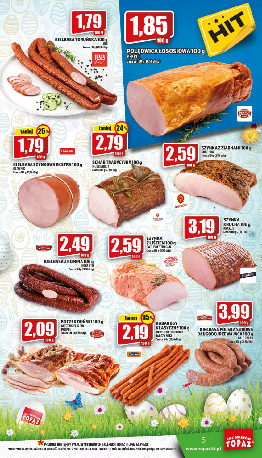 Gazetka promocyjna Topaz - Gazetka - ważna 14.04 do 20.04.2022 - strona 5 - produkty: Boczek, Kabanos, Kiełbasa, Krakus, LG, Olewnik, Pekpol, Polędwica, Sok, Sos, Szynka, Top