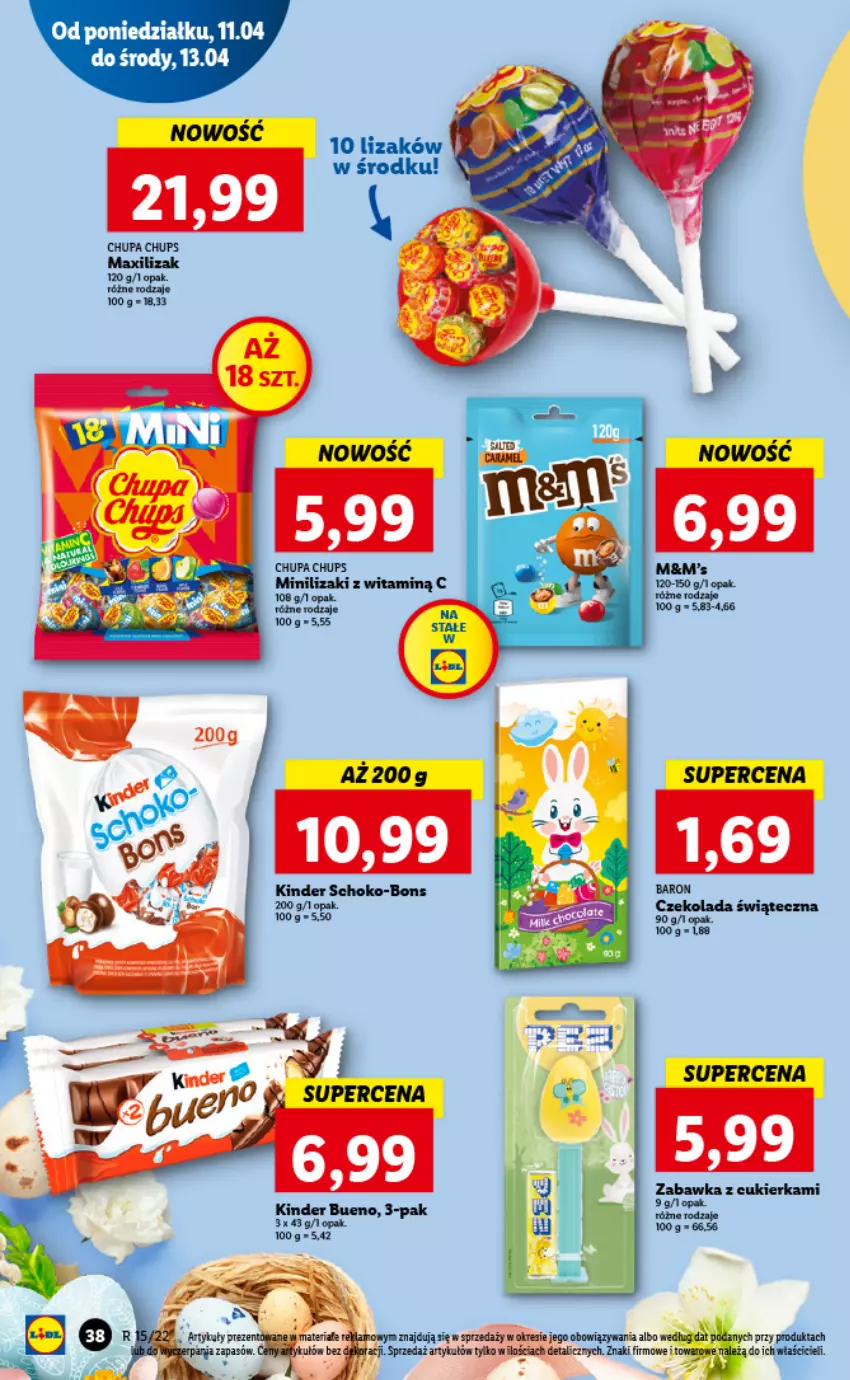 Gazetka promocyjna Lidl - GAZETKA - ważna 11.04 do 13.04.2022 - strona 38 - produkty: Chupa Chups, Cukier, Czekolada, Kinder, Lizaki, Zabawka