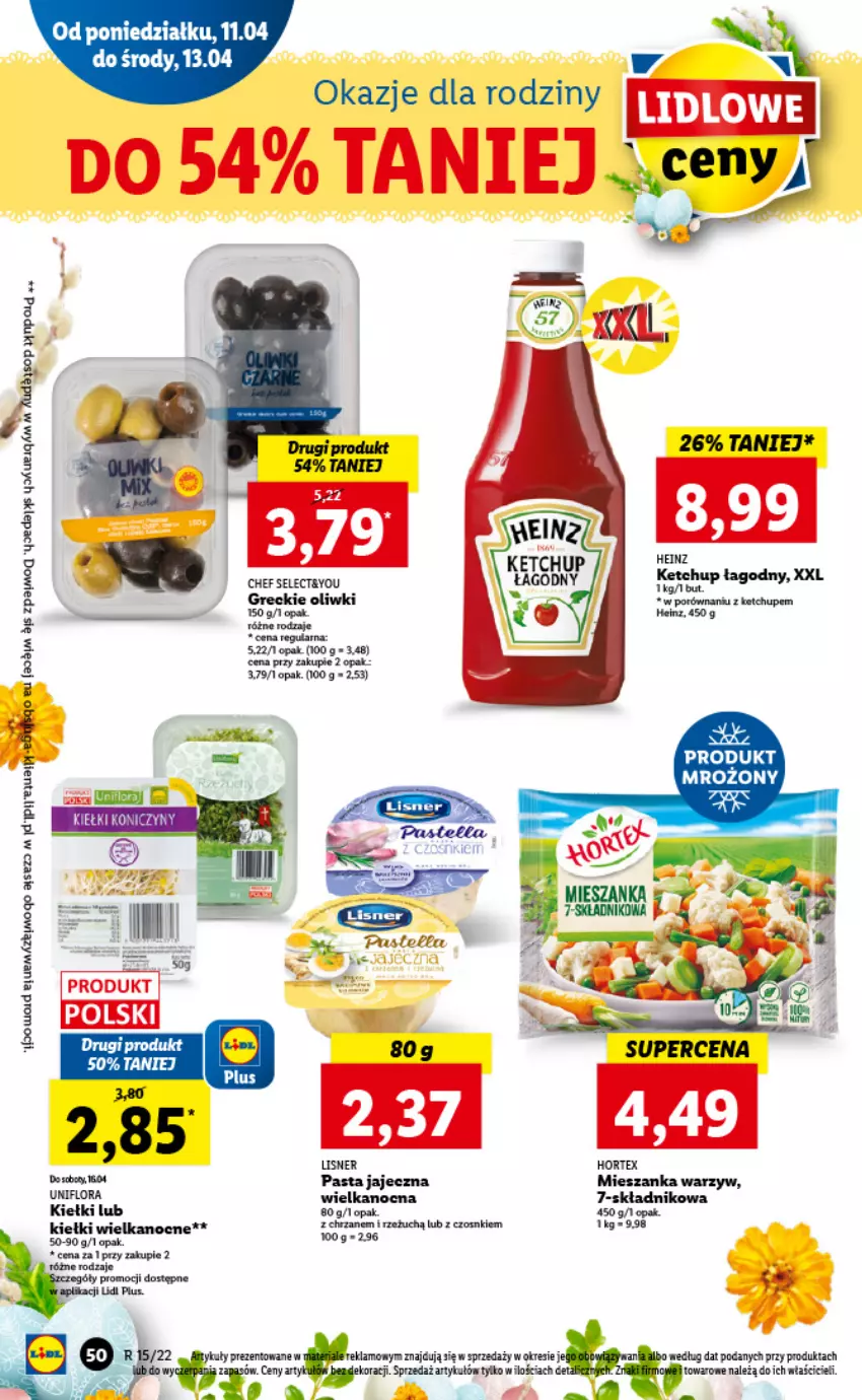 Gazetka promocyjna Lidl - GAZETKA - ważna 11.04 do 13.04.2022 - strona 50 - produkty: Chrzan, Flora, Heinz, Ketchup, Kiełki, Lisner, Mieszanka warzyw, Oliwki, Por