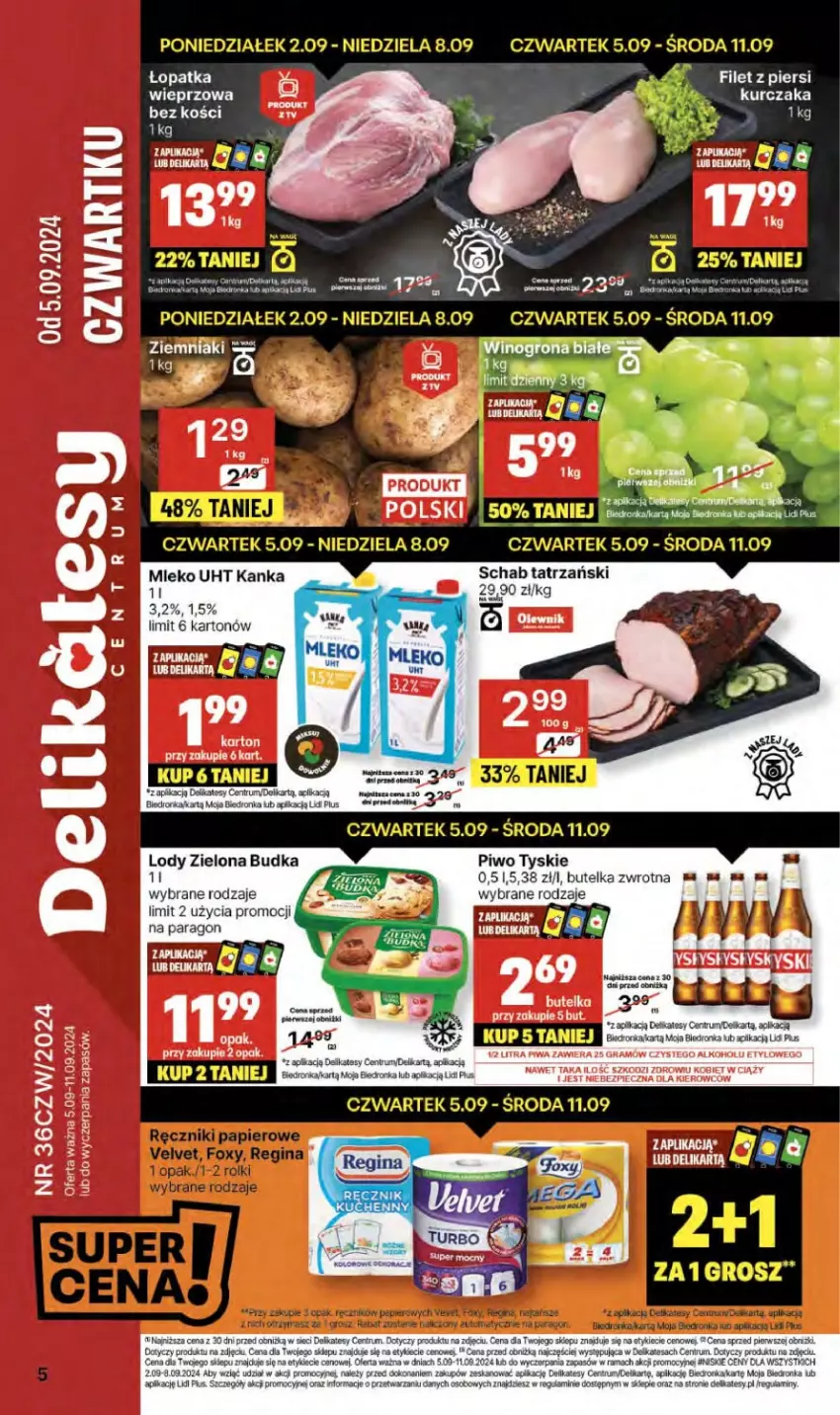 Gazetka promocyjna Delikatesy Centrum - NOWA GAZETKA Delikatesy Centrum od 5 września! 5-11.09.2024 - ważna 05.09 do 11.09.2024 - strona 5 - produkty: Dron, Gra, JBL, Kurczak, Lody, Mleko, Olewnik, Orka, Piec, Piwa, Piwo, Rama, Rum, Tyskie, Wino, Winogrona, Zielona Budka