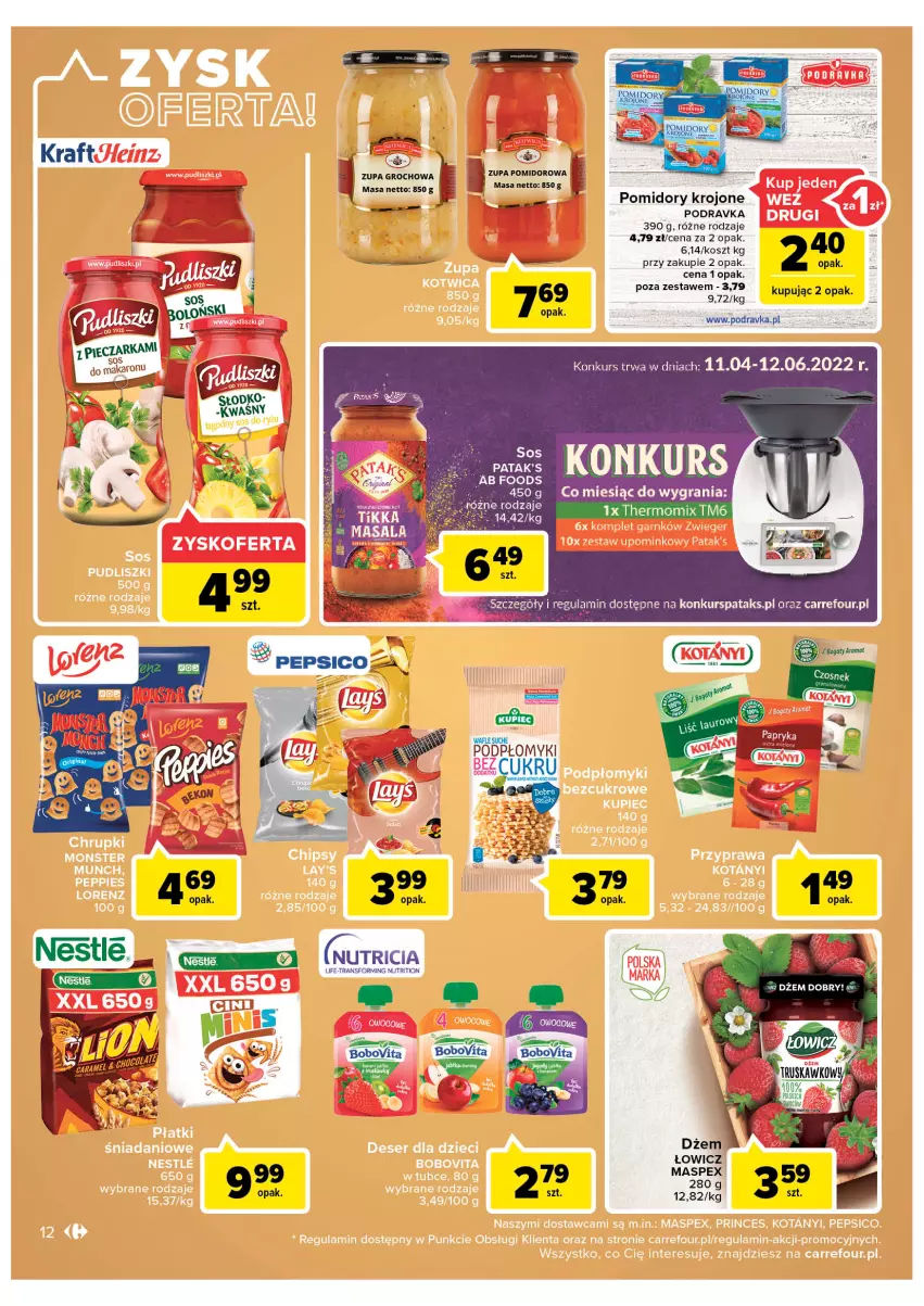 Gazetka promocyjna Carrefour - Gazetka Carrefour - ważna 19.04 do 30.04.2022 - strona 12 - produkty: Dżem, Gra, Groch, Kosz, Makaron, Pepsi, Piec, Podravka, Pomidory, Pomidory krojone, Zupa, Zupa pomidorowa