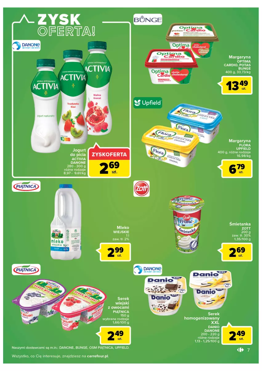 Gazetka promocyjna Carrefour - Gazetka Carrefour - ważna 19.04 do 30.04.2022 - strona 7 - produkty: Activia, Danio, Danone, Flora, Gra, Granat, Jogurt, Jogurt naturalny, Kiwi, Margaryna, Mleko, Optima, Optima Cardio, Piątnica, Ser, Serek, Serek homogenizowany, Serek wiejski, Zott