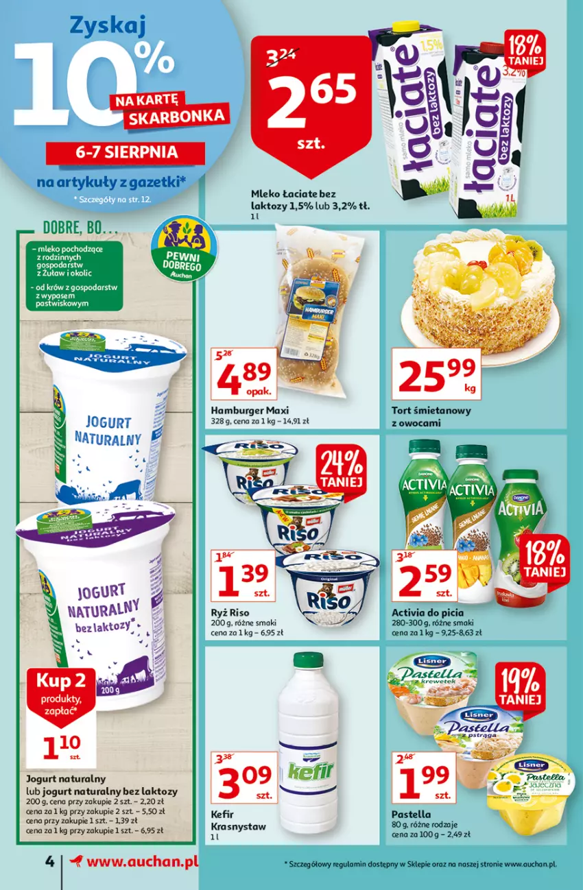 Gazetka promocyjna Auchan - Rysują się soczyste i smakowite okazje Supermarkety - ważna 05.08 do 11.08.2021 - strona 4 - produkty: Activia, Burger, Hamburger, Jogurt, Jogurt naturalny, Kefir, Mleko, Pastella, Ryż, Tort śmietanowy