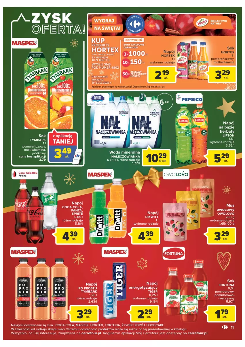 Gazetka promocyjna Carrefour - Gazetka Market - ważna 19.12 do 24.12.2022 - strona 11 - produkty: Coca-Cola, Fa, Fanta, Fortuna, Hortex, Lipton, Nałęczowianka, Napój, Napoje, Nektar, Por, Sok, Sprite, Tiger, Tymbark, Woda, Woda mineralna