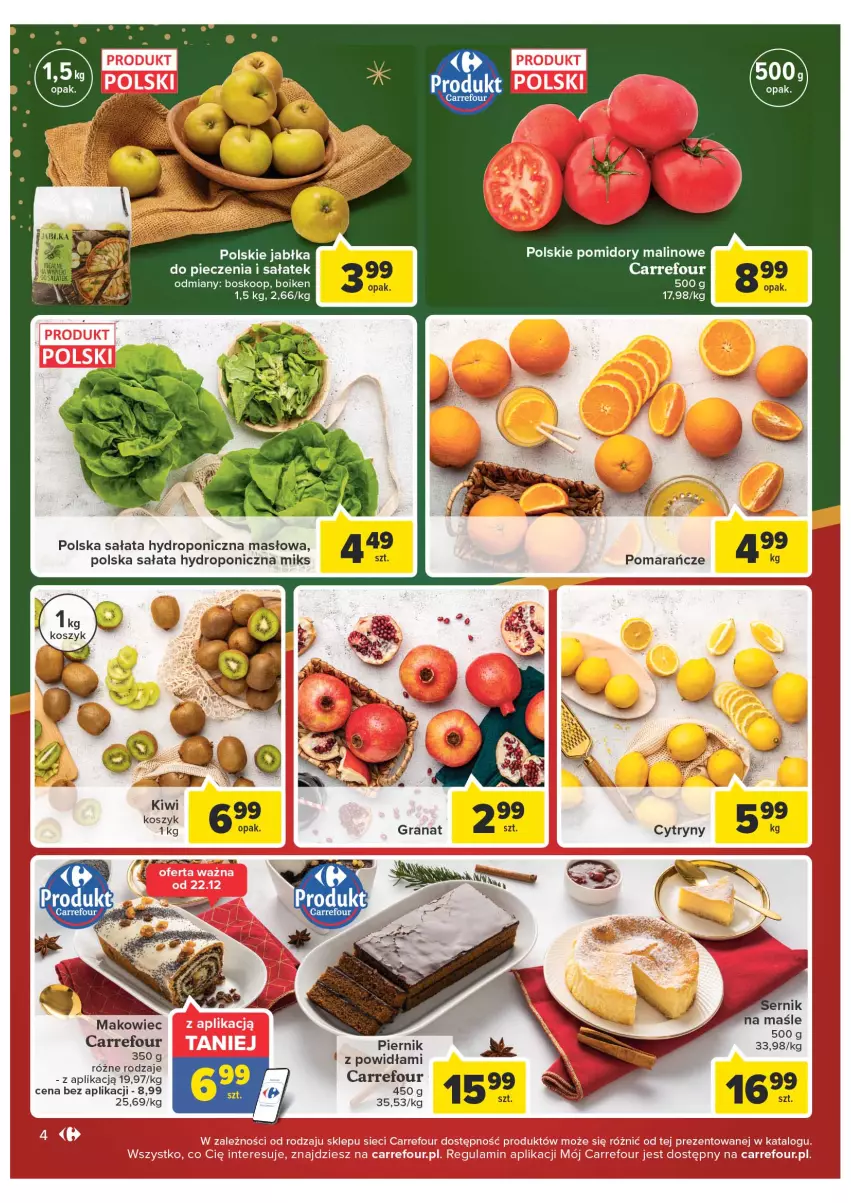 Gazetka promocyjna Carrefour - Gazetka Market - ważna 19.12 do 24.12.2022 - strona 4 - produkty: Jabłka, Kiwi, Kosz, Makowiec, Masło, Piec, Piernik, Pomidory, Sałat