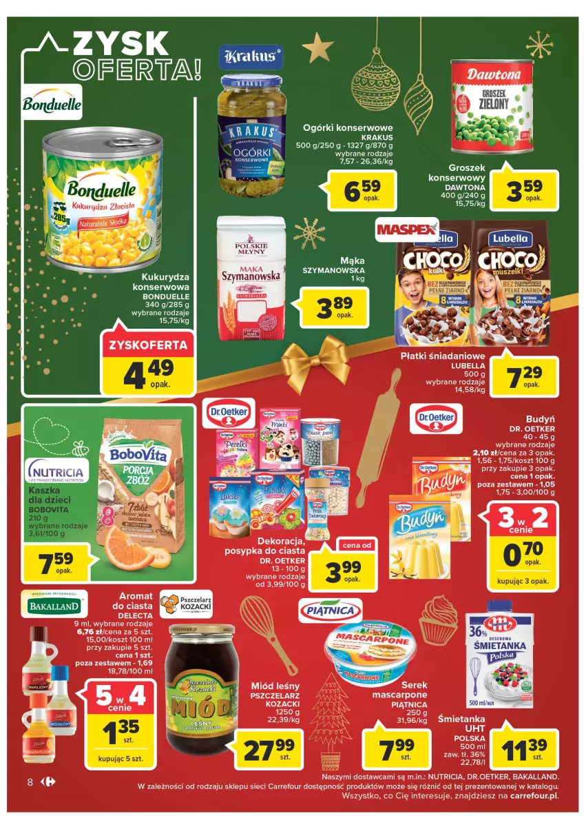 Gazetka promocyjna Carrefour - Gazetka Market - ważna 19.12 do 24.12.2022 - strona 8 - produkty: Bakalland, Bell, Bella, Bonduelle, Budyń, Danio, Dawtona, Delecta, Deser, Dr. Oetker, Groszek, Kosz, Kukurydza, LG, Lubella, Mąka, Miód, Miód leśny, Ogórki konserwowe, Piątnica, Polskie Młyny, Ser