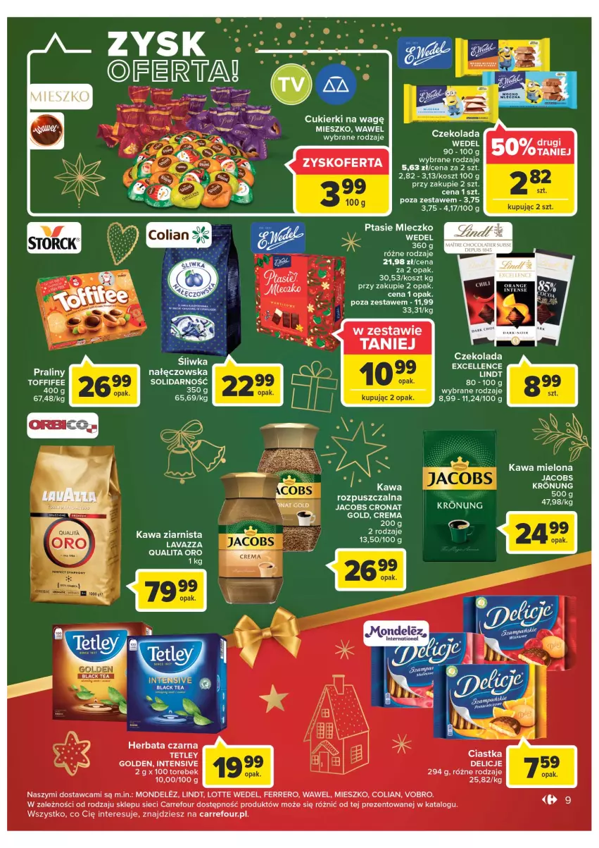 Gazetka promocyjna Carrefour - Gazetka Market - ważna 19.12 do 24.12.2022 - strona 9 - produkty: Ciastka, Cukier, Cukierki, Czekolada, Delicje, Ferrero, Herbata, Herbata czarna, Jacobs, Kawa, Kawa mielona, Kawa ziarnista, Kosz, Lavazza, Lindt, Mleczko, Praliny, Ptasie mleczko, Tetley, Toffifee, Wawel