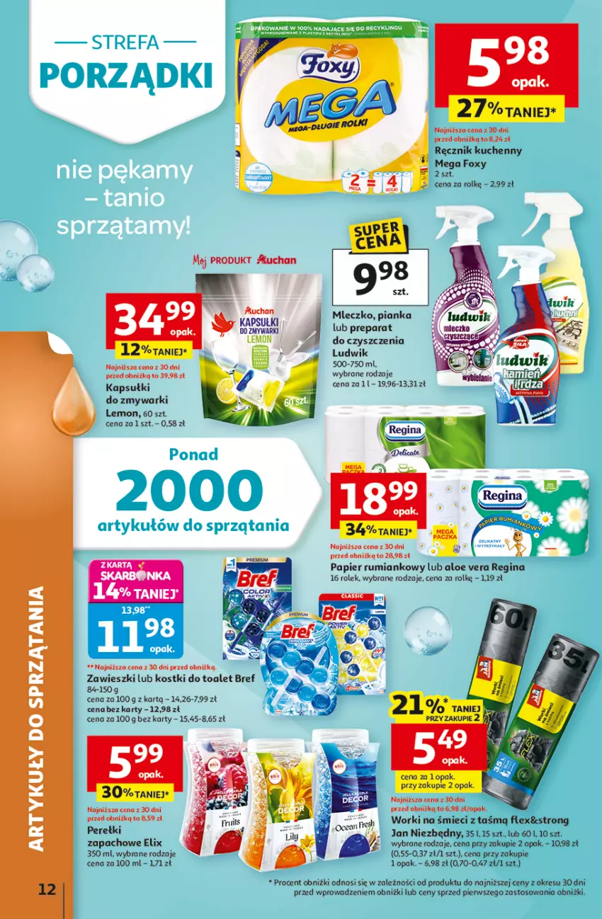 Gazetka promocyjna Auchan - Gazetka 30 Lat Hipermarket Auchan - ważna 31.03 do 04.04.2026 - strona 12 - produkty: Aloe vera, Bref, Foxy, Gin, Jan Niezbędny, Ludwik, Papier, Perełki zapachowe, Preparat do czyszczenia, Ręcznik, Ręcznik kuchenny, Rum, Worki na śmiec, Worki na śmieci, Zawieszki, Zmywarki