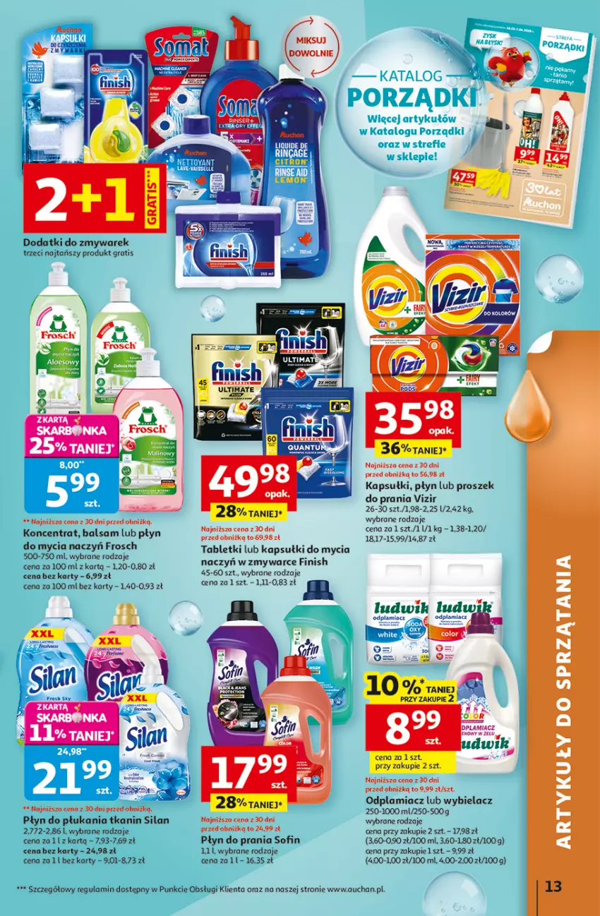 Gazetka promocyjna Auchan - Gazetka 30 Lat Hipermarket Auchan - ważna 31.03 do 04.04.2026 - strona 13 - produkty: Do mycia naczyń, Finish, Frosch, Gra, Kapsułki do mycia naczyń, Odplamiacz, Płyn do mycia, Płyn do mycia naczyń, Płyn do płukania, Płyn do prania, Proszek do prania, Tablet, Vizir