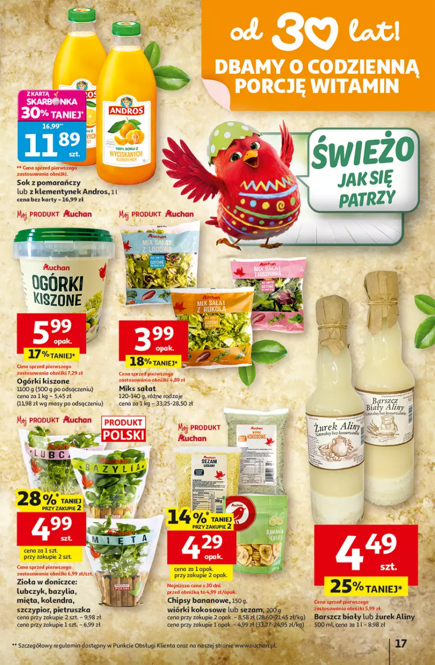 Gazetka promocyjna Auchan - Gazetka 30 Lat Hipermarket Auchan - ważna 31.03 do 04.04.2026 - strona 17 - produkty: Bazyl, Bazylia, Chipsy, Kokos, Kolendra, Mięta, Mus, Pietruszka, Sałat, Sezam, Sok, Wiórki kokosowe, Zioła w doniczce