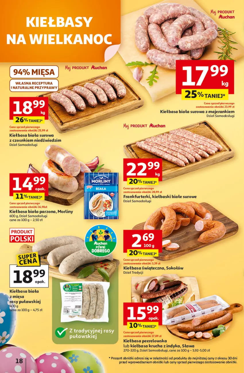 Gazetka promocyjna Auchan - Gazetka 30 Lat Hipermarket Auchan - ważna 31.03 do 04.04.2026 - strona 18 - produkty: Frankfurterki, Kiełbasa, Kiełbasa biała, Kiełbasa krucha, Kiełbaski białe, Morliny, Przyprawy, Sok, Sokołów