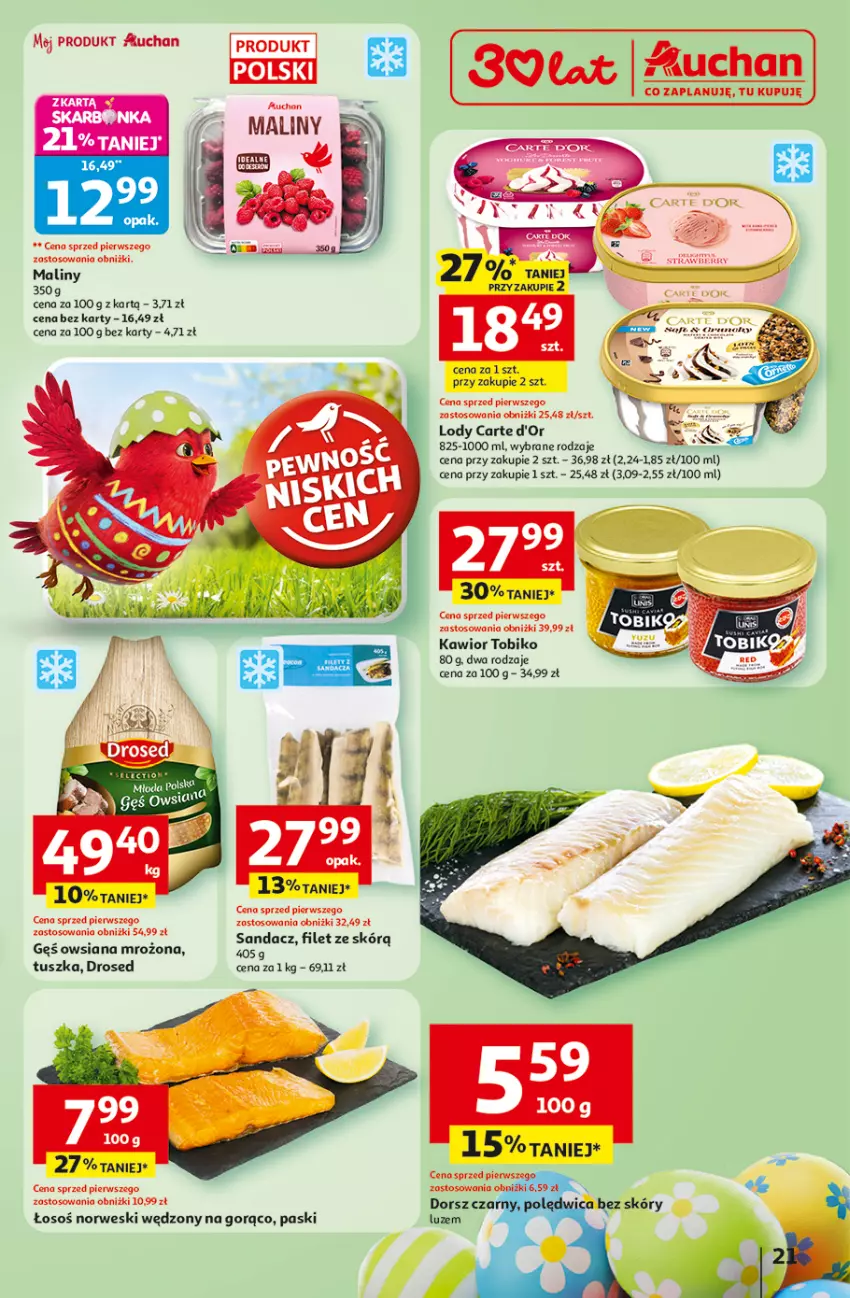 Gazetka promocyjna Auchan - Gazetka 30 Lat Hipermarket Auchan - ważna 31.03 do 04.04.2026 - strona 21 - produkty: Carte d'Or, Dorsz, Kawior, Lody, Maliny, Sandacz, Tusz