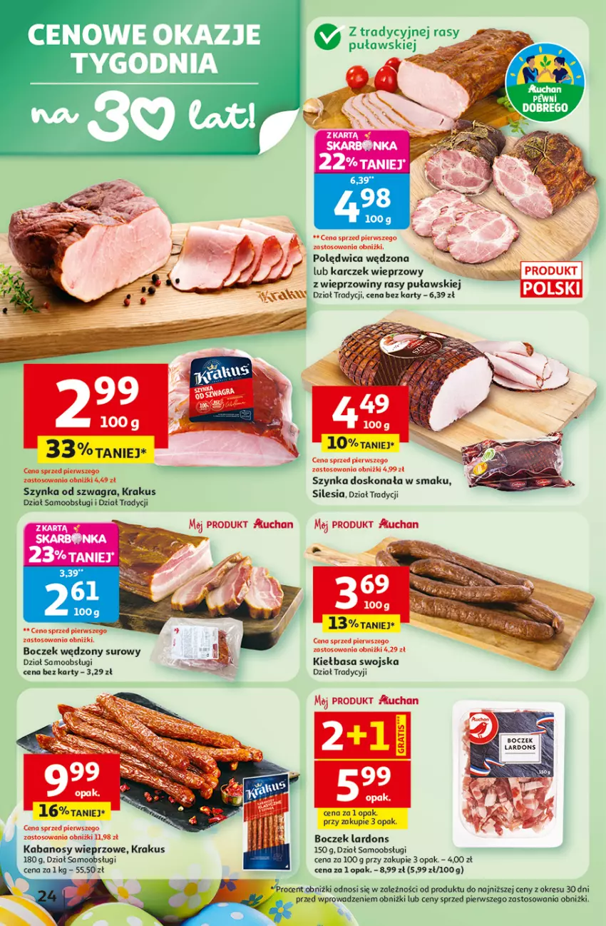 Gazetka promocyjna Auchan - Gazetka 30 Lat Hipermarket Auchan - ważna 31.03 do 04.04.2026 - strona 24 - produkty: Boczek, Gra, Kabanos, Kiełbasa, Krakus, Polędwica, Szynka