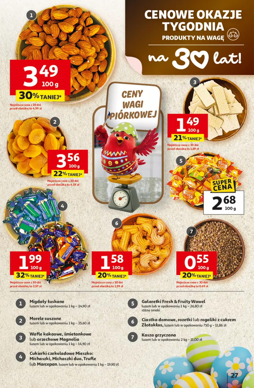 Gazetka promocyjna Auchan - Gazetka 30 Lat Hipermarket Auchan - ważna 31.03 do 04.04.2026 - strona 27 - produkty: Ciastka, Cukier, Cukierki, Cukierki czekoladowe, Gala, Galaretki, Kakao, Kasza, Migdały, Migdały łuskane, Rogal, Wafle, Wawel