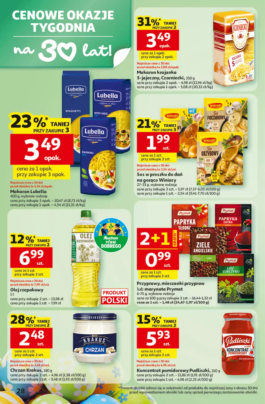 Gazetka promocyjna Auchan - Gazetka 30 Lat Hipermarket Auchan - ważna 31.03 do 04.04.2026 - strona 28 - produkty: Bell, Bella, Chrzan, Gra, HP, Koncentrat pomidorowy, Krakus, Lubella, Makaron, Olej, Olej rzepakowy, Papryka, Prymat, Przyprawy, Pudliszki, Sos, Spaghetti