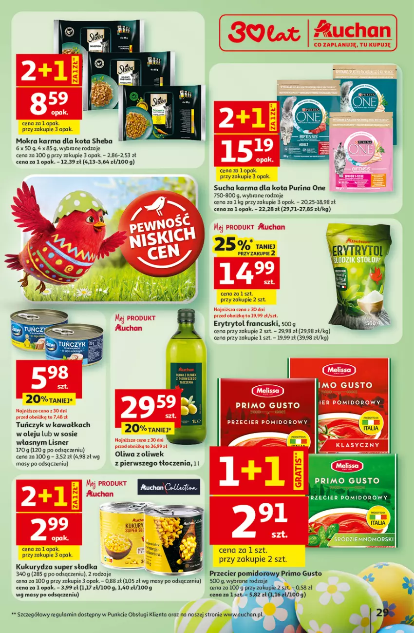 Gazetka promocyjna Auchan - Gazetka 30 Lat Hipermarket Auchan - ważna 31.03 do 04.04.2026 - strona 29 - produkty: Kawa, Kukurydza, Lisner, Mokra karma, Olej, Oliwa z oliwek, Pur, Purina, Sheba, Sos, Sucha karma, Tuńczyk